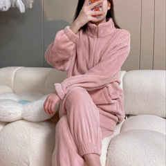 拉链家居服套装女秋冬新款加厚加绒长袖高级感简约保暖珊瑚绒睡衣