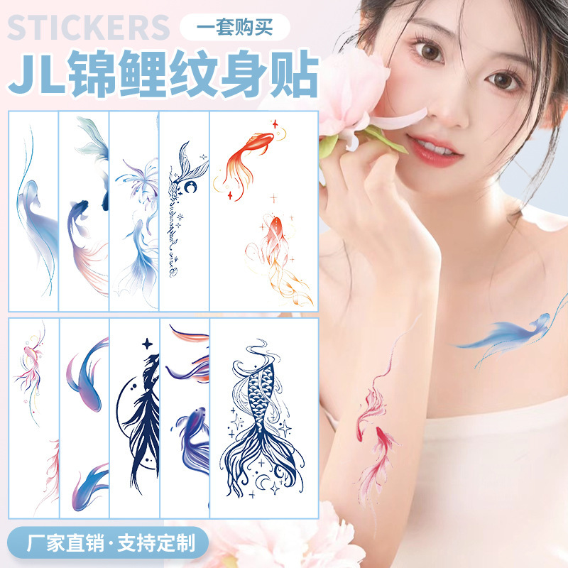 Colorful Tattoo Stickers Wholesale in Stock, Waterproof, Long-Lasting, High-End, Realistic Collarbone Koi Tattoo Stickers for Women, Customizable Colorful Tattoo Stickers Wholesale in Stock, Waterproof, Long-Lasting, High-End, Realistic Collarbone Koi Tattoo Stickers for Women, Customizable