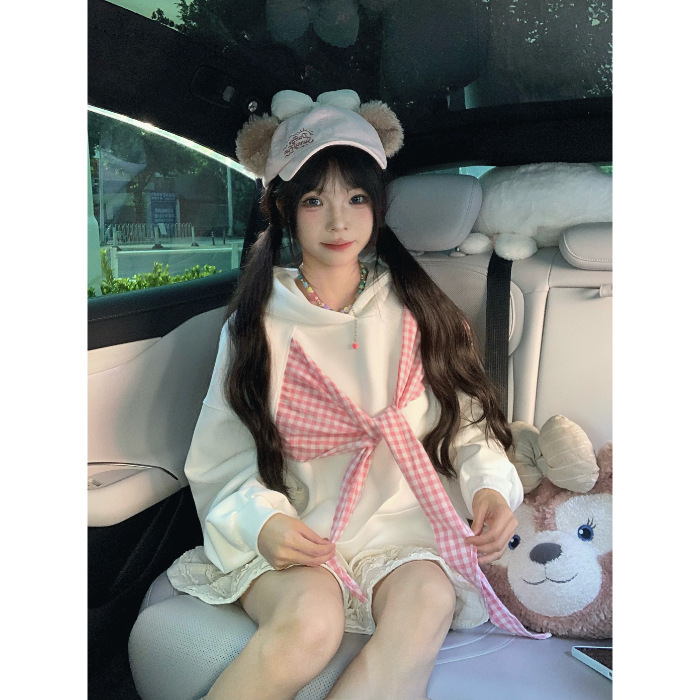 格子绑带拼接连帽卫衣女2025秋季新款宽松学生慵懒风美式chic外套|undefined