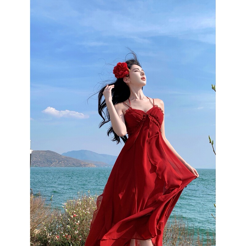 Fairy-Like Red Chiffon Suspender Dress, Summer French-Style Elegant Ruffled Backless Seaside Vacation Long Dress