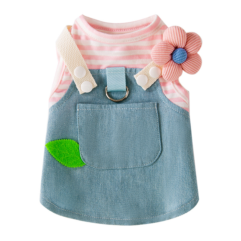 Primavera y verano perro princesa vestido de chaleco de tracción de mezclilla a rayas vestido de gato falda de dos pies ropa para perros