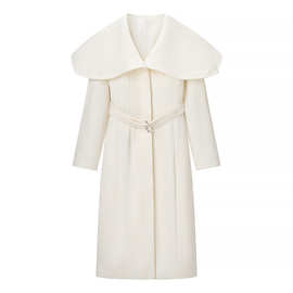 2025欧美风秋女装中长款白色毛呢腰带风衣外套  2911