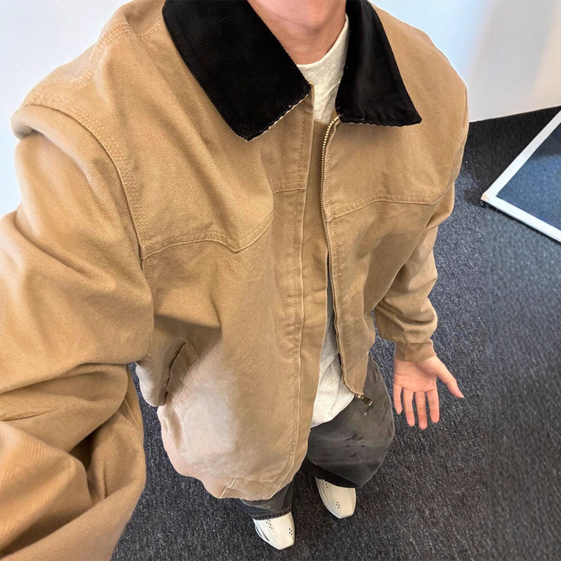 Vintage Khaki Canvas Washed Denim Jacket Men's American Style Trendy Brand Turn-Down Collar Detroit Work Jacket