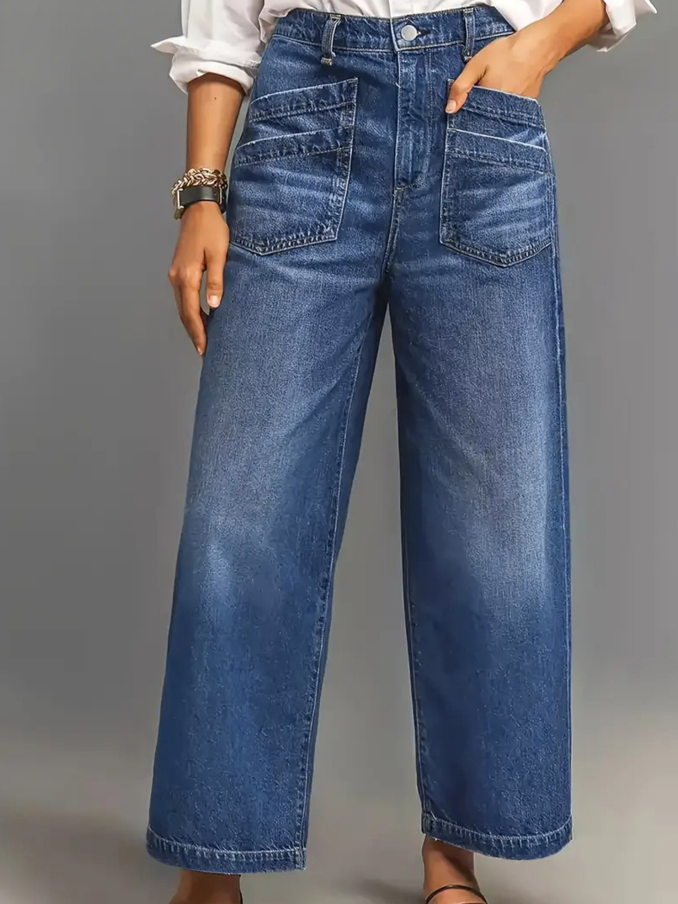 Women's Clothing Mid-Rise Wide Leg Jeans Retro Washed Cuffs Frayed Hem Slanted Pockets Cropped Length Denim_ecoleips.com