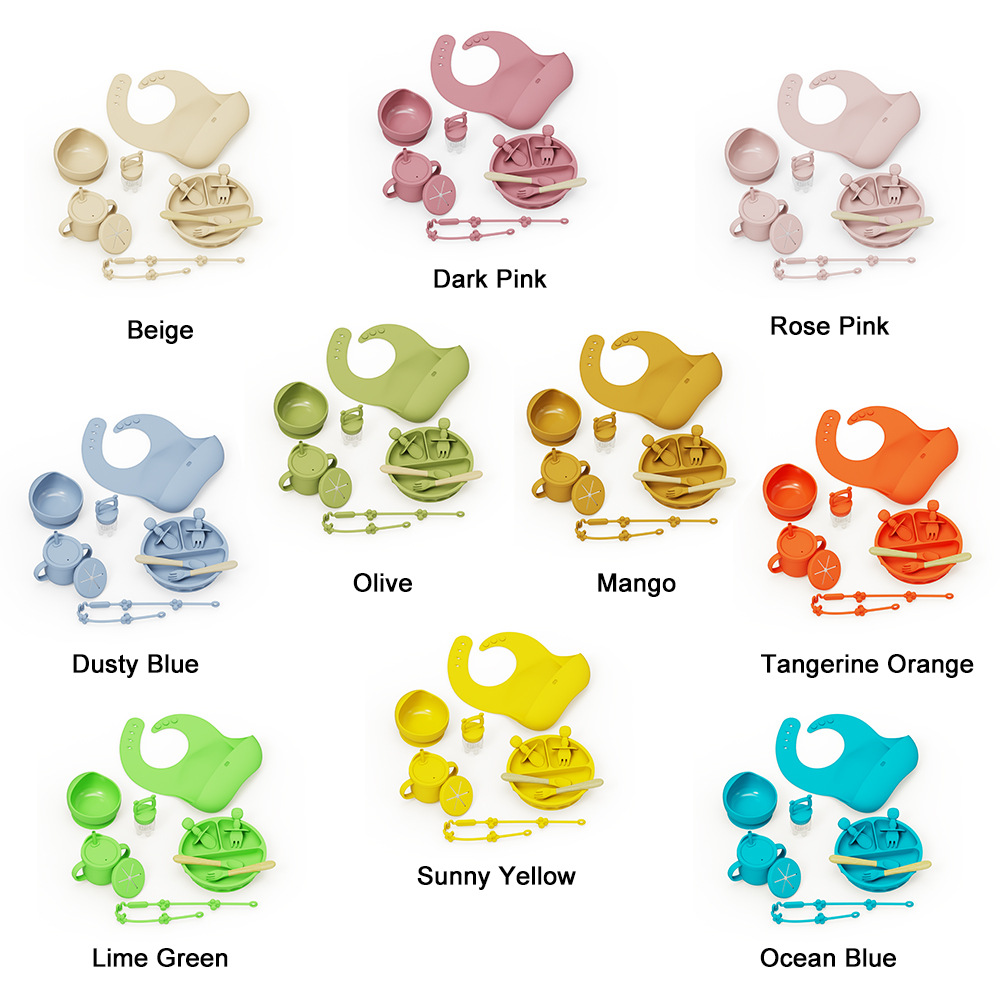 Baby Feeding 11-Piece Silicone Food Bowl, Plate, Bib, Fork, Spoon, Snack Cup, Chewable Anti-Lost Chain Large Set