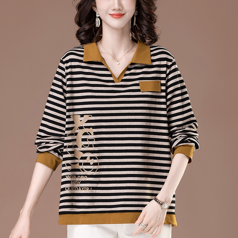 Striped Long-sleeved T-shirt Women's Spring and Autumn Loose Plus Size Women's Clothing Mother's Casual Lel Base Shirt 6263