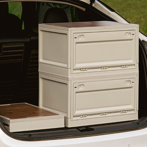 Outdoor picnic side-opening folding storage box, camping wooden cover storage table, storage box, car organizer