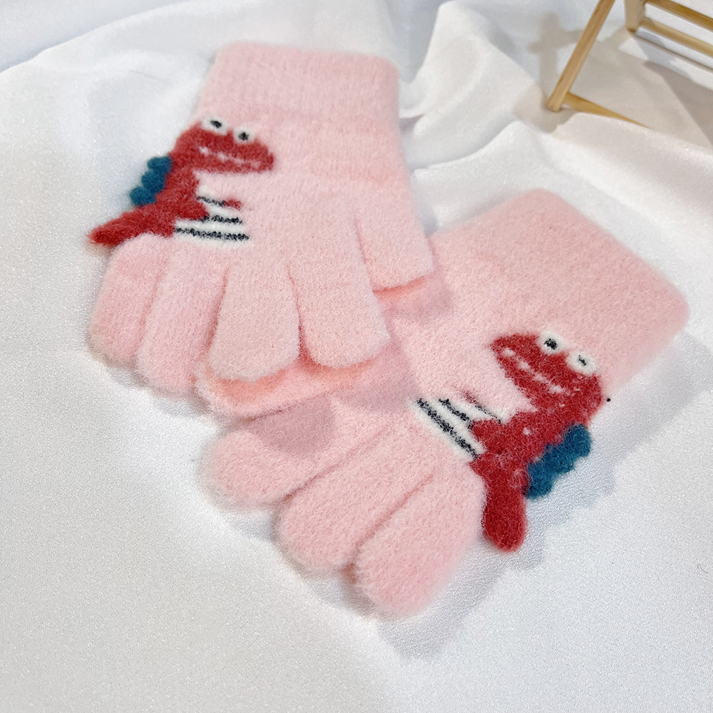 Impresión de dibujos animados coreanos dinosaurios guantes de niños lindos ociosos tejidos gruesos flip-up escritura guantes de cinco dedos