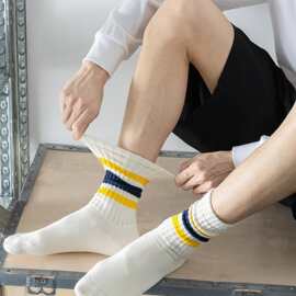 纯棉Cotton条纹中筒袜男女同款休闲舒适无骨缝纯色筒袜四季百搭