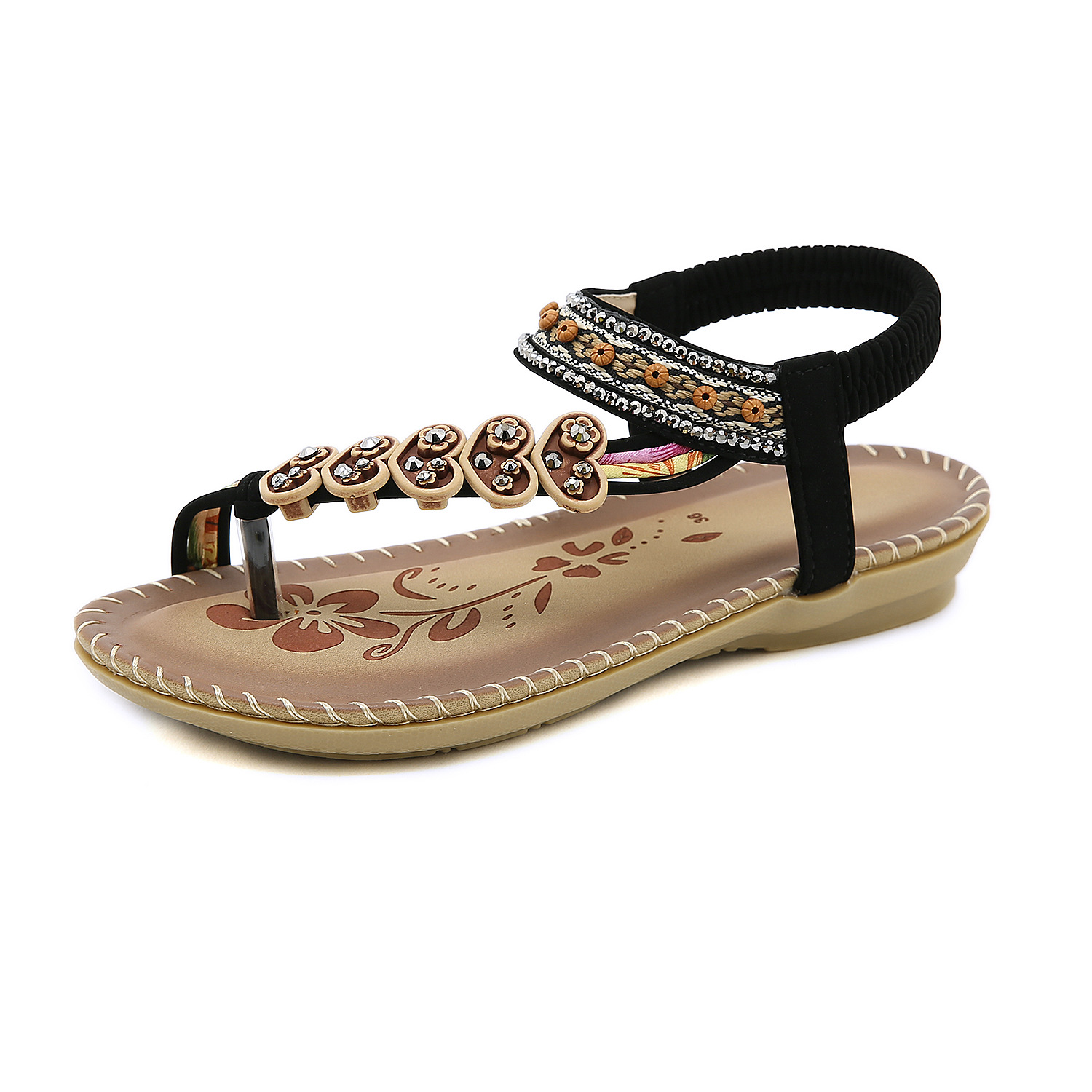 Comercio exterior transfronterizo 2023 verano rhinestone estilo bohemio sandalias de las mujeres étnicas más el tamaño del dedo del pie Sandalias planas mujeres