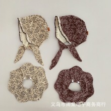 秋季新款婴儿帽子洋气小碎花系带护耳帽口水巾宝宝出游宫廷帽胎帽