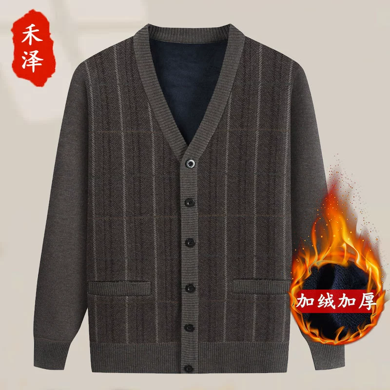 Мужское трикотажное пальто для отца среднего и пожилого возраста на флисовой подкладке, кардиган для старого отца, теплая одежда, осенний свитер для Дедушки