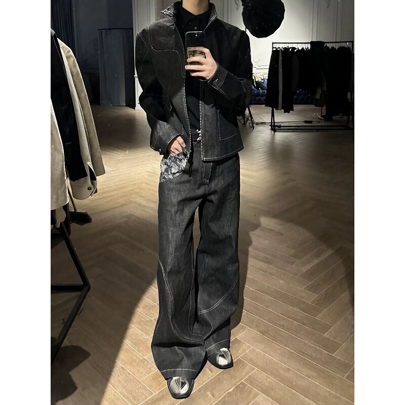 Cabbage coke "snake trace" A word original cow narrow red ear laser burning flower jacquard stitching straight jeans men