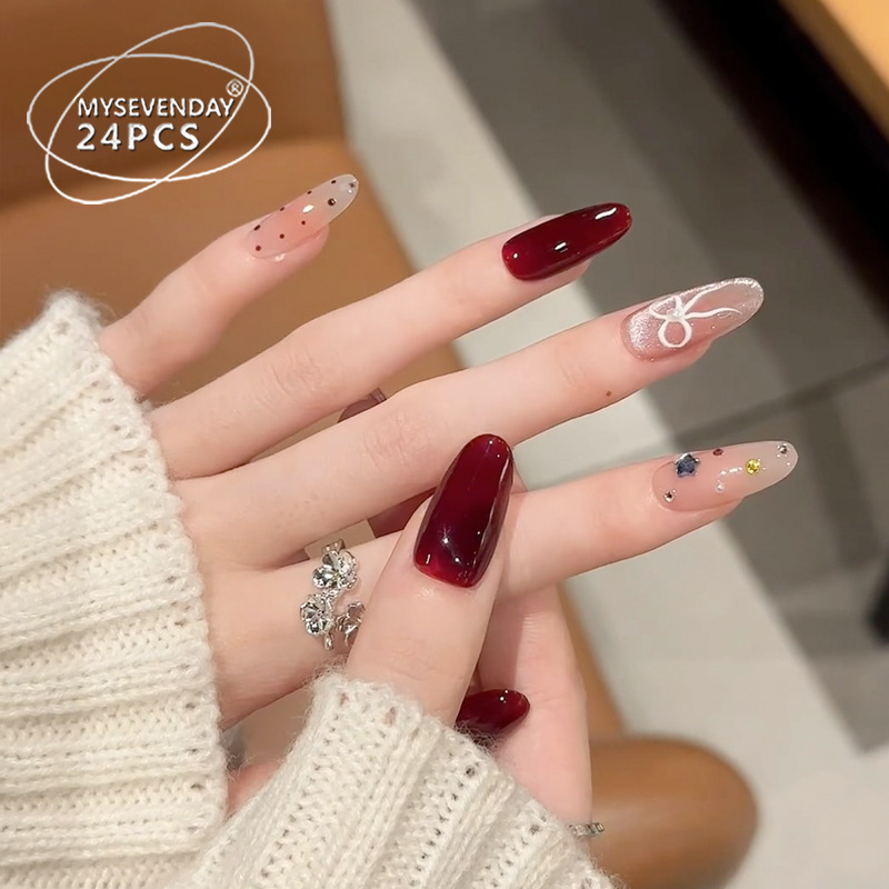 Tiktok Trending Wearable Nails 2026 Red Polka Dot Rhinestone Nail Tips Cute Sweet Handmade Wearable Nail Pieces