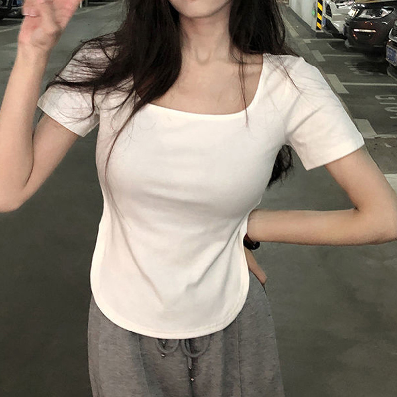 2025 Summer New Style Pure Desire Big U-Neck Hot Girl Top Slim Slim-Fit Irregular Short-Sleeved T-Shirt Women Ins