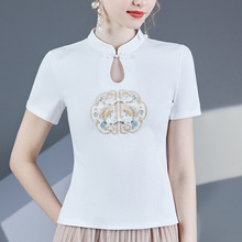 新中式盘扣短袖T恤女夏装新款民族棉质小衫季中国风刺绣女上衣