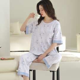 夏季新款纯棉女短袖七分裤套头睡衣印花休闲女家居服图片色圆领
