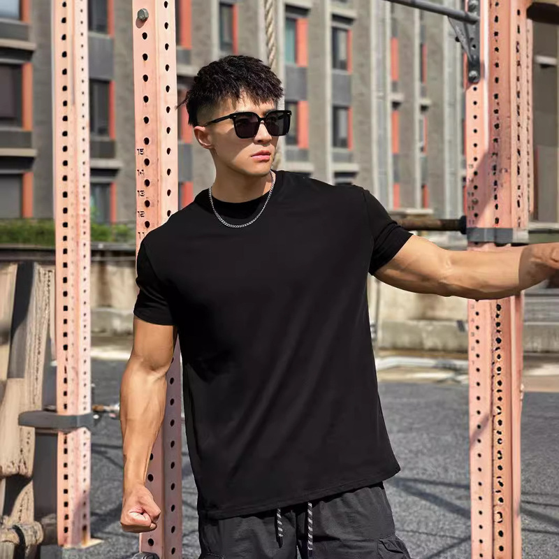 Summer Sports Fitness Loose Round Neck Cotton T-shirt Men's Basketball Running Training Muscle Elastic Sports Short Sleeve Men