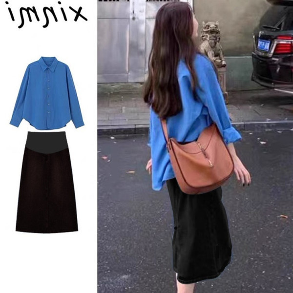 in stock Autumn New Loose Pregnant Women's Shirt Long-sleeved Top Half Skirt Casual Pregnant Women's Two-piece Suit