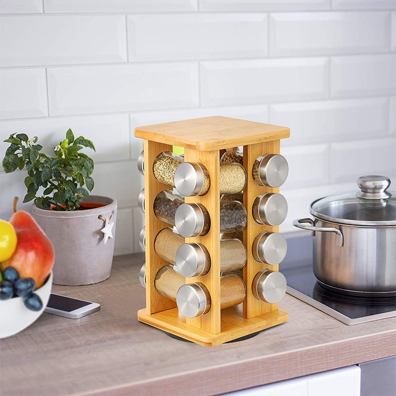 Cross -border European -style bamboo -wood seasoning rack rotation multiple cans of spice frame kitchen finished products seasoning bottle storage shelf wholesale