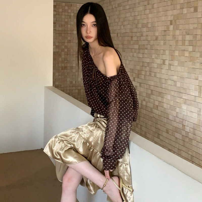 Brown Polka Dot Multi-Wear Lace-Up Long-Sleeved T-Shirt Top for Women with Gold Pleated Drawstring Waist Layered A-Line Skirt