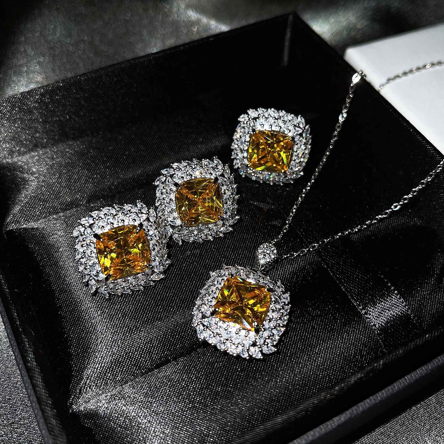 The New Luxury Color Treasure Set Inlaid With Ascher Yellow Diamonds Topa Blue Argyle Powder Ring Earrings Pendant display picture 9