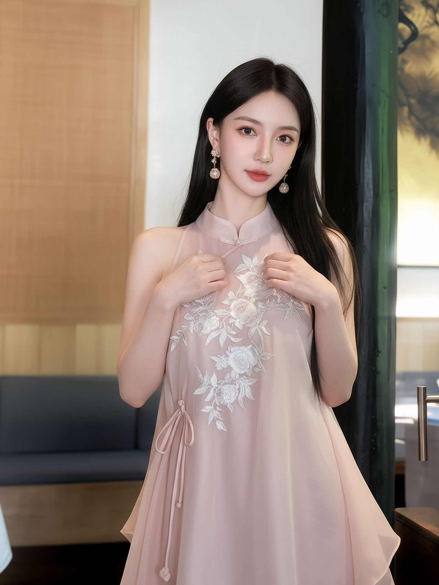 Đầm maxi thêu hoa phong cách Trung Hoa cổ điển, chất vải mỏng nhẹ mùa hè, tay lỡ, thắt eo — hồng