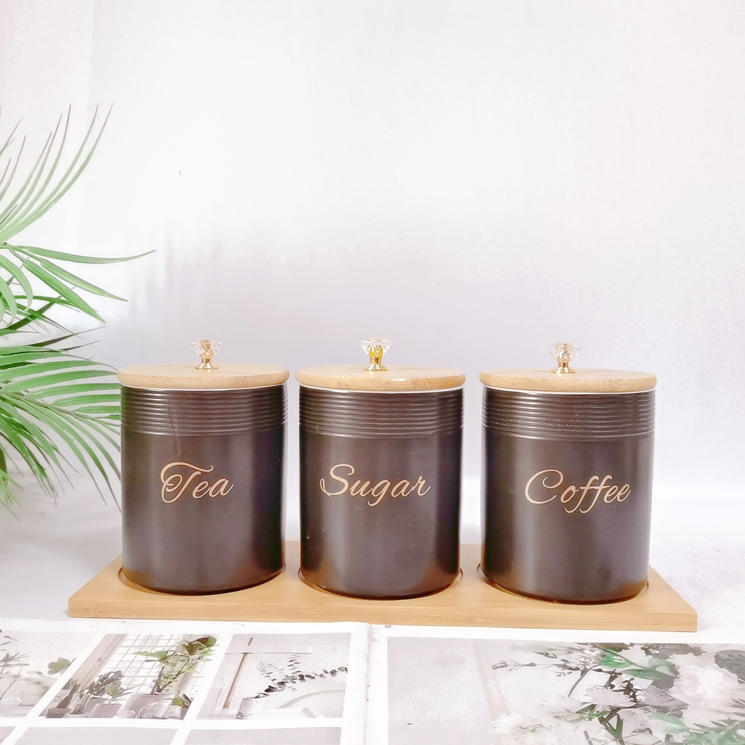 Comercio exterior transfronterizo Oriente Medio Exportar tarro sellado de cerámica con tapa de madera tarro de almacenamiento condimento de cocina tarro de té de café tarro