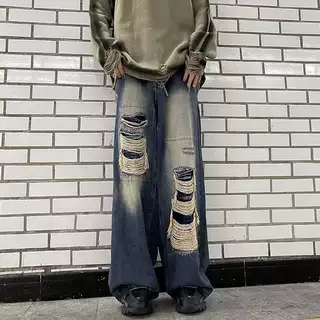 美式复古破洞牛仔裤男水洗做旧宽松阔腿直筒拖地潮牌高街裤子