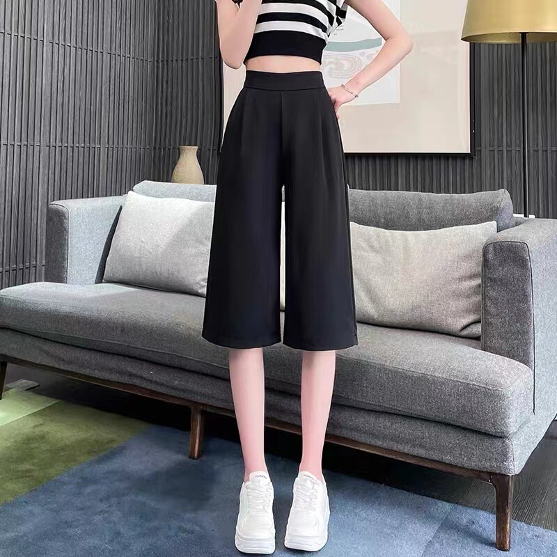 Cropped Suit Pants Women's Summer Thin 2024 New High Waist Dipped Ice Silk Wide Leg Mid-length Pants Casual Straight Women's Pants