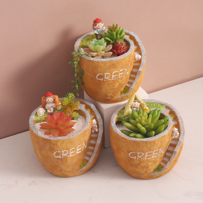 Chậu Cây Resin Chậu cây mọng nước resin phong cách đồng quê, chậu mini DIY trang trí bàn, ban công và sân vườn (RG-254)