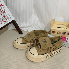 新款仿牛絨高幫帆布鞋女2023秋冬學生韓版百搭厚底潮鞋增高女鞋子