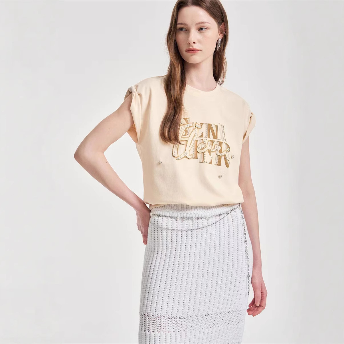 52342 Korean Obz Beaded Sleeveless Cool Casual Breathable Letter Printed T-Shirt Ob2F4Tto163W