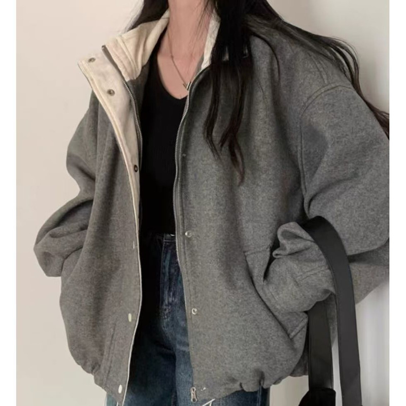 法式2025春季新款复古灰色毛呢外套女气质宽松夹克棒球服外套上衣|undefined