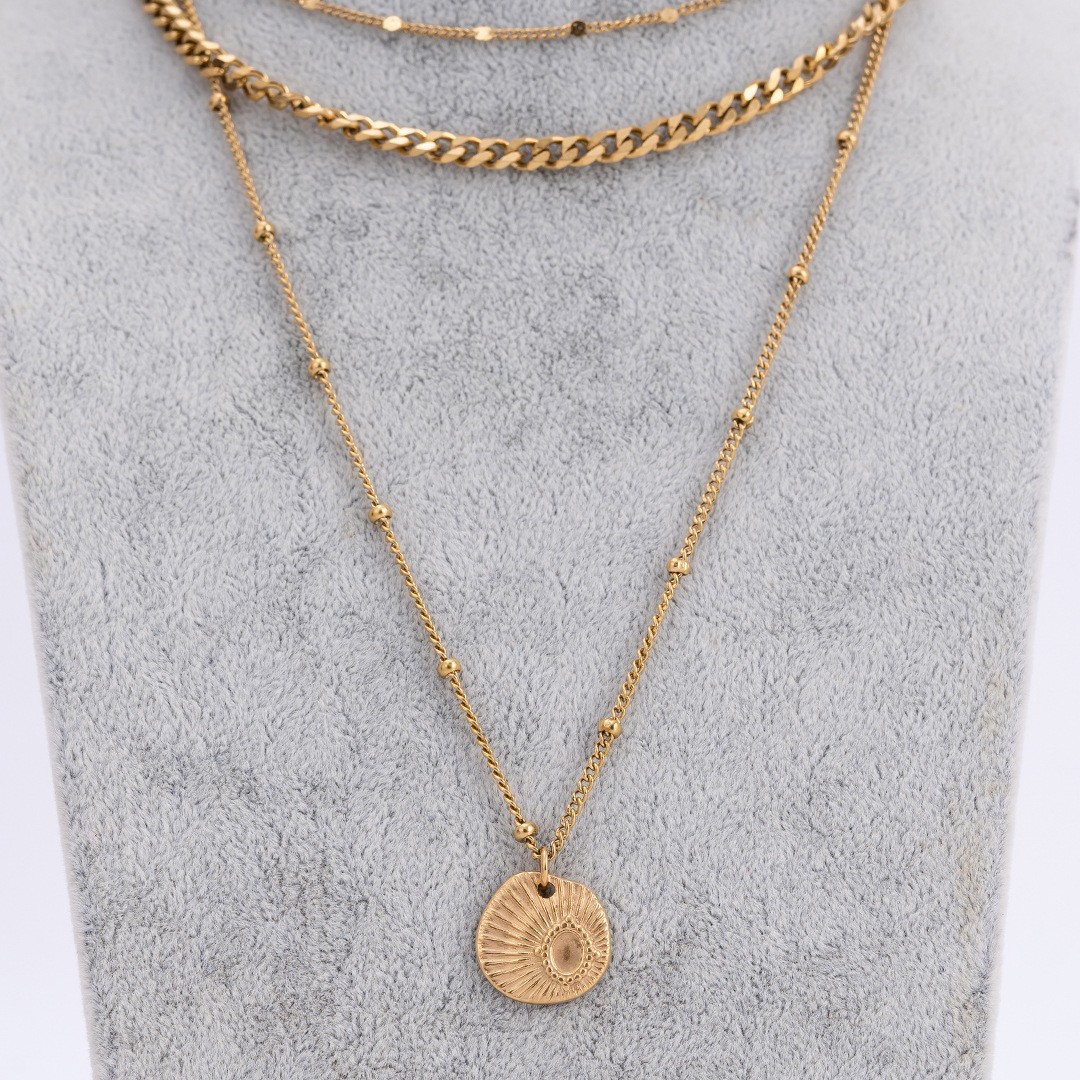 Új, többrétegű kubai vékony láncos réteges hosszú nyaklánc kerek medállal_voghion.com