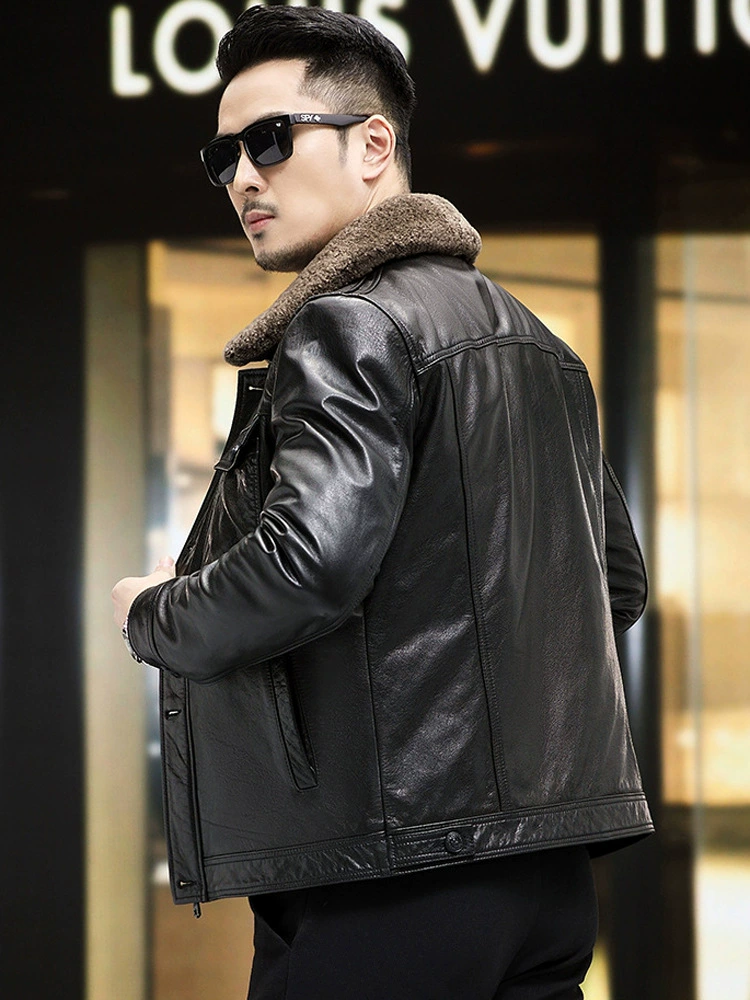 Leather down jacket with down