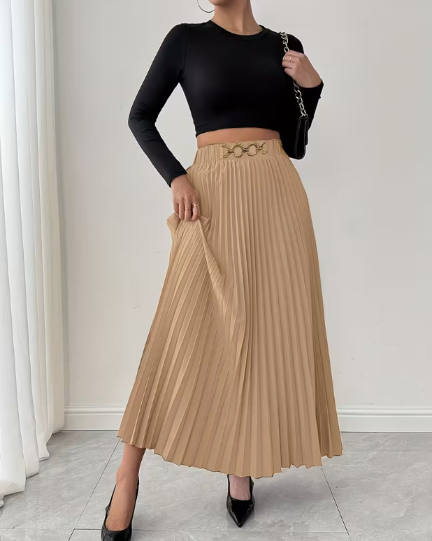 Vêtements pour femmes - Nouvelle jupe midi plissée polyvalente - Taille haute - Coupe trapèze_voghion.com