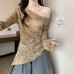 不规则复古晕染斜肩长袖喇叭袖T恤女秋季内搭打底衫修身显瘦上衣