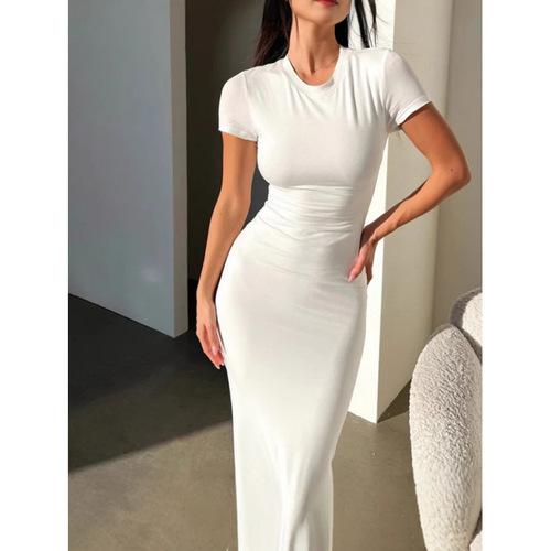Cross-border Amazon European and American women's clothing 2025 spring and summer foreign trade solid color package hip temperament slim short sleeve fashion dress