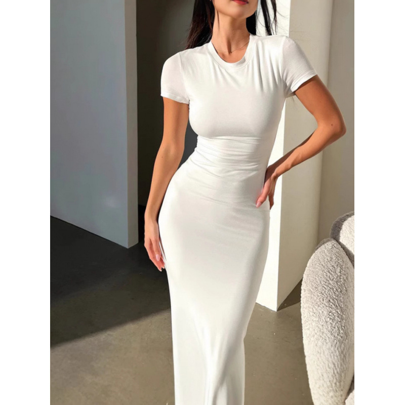 Cross-Border Amazon European and American Clothing 2025 Spring and Summer Export Pure Color Hip-Hugging Elegant Slim Short-Sleeved Fashion Dress