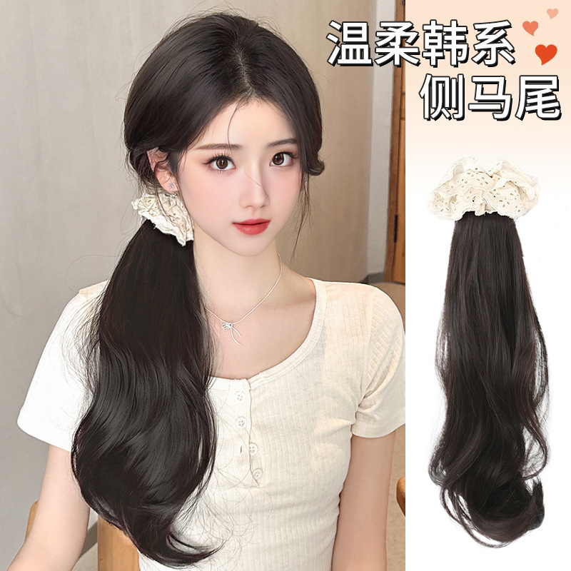 horsetail wig women lazy side pear flower long curly hair large intestine hair ring low horsetail fiber braid factory in stock