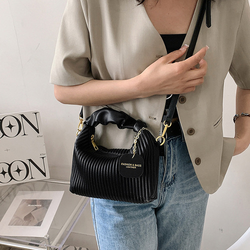 Niche personality pleated striped handheld small bag women's fashion versatile small square bag  summer simple shoulder bag