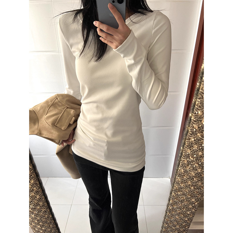韩系白色正肩长袖恤女秋冬内搭修身收腰中长款打底衫遮屁股上衣|undefined