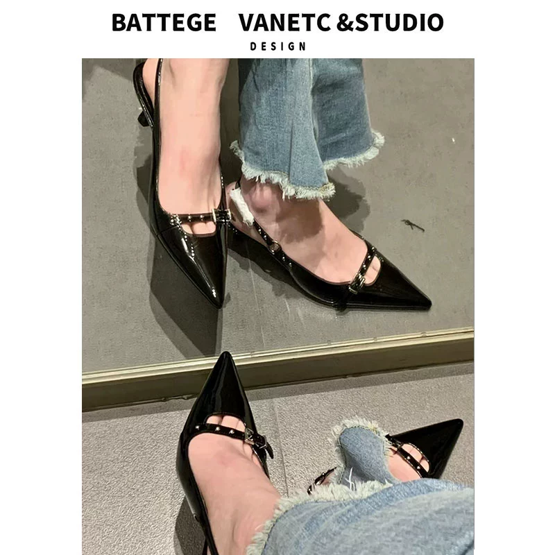 Черные остроконечные туфли на высоком каблуке женщины 2023 новый европейский и американский баотоу с сандалиями