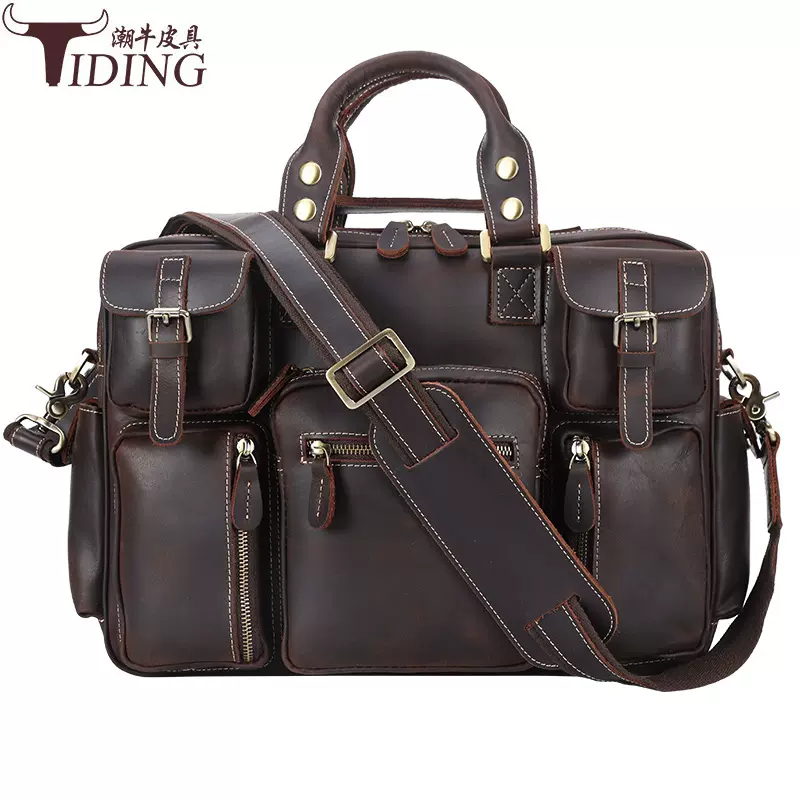 潮牛新款欧美复古疯马皮大容量手提旅行包男士真皮单肩斜挎公文包