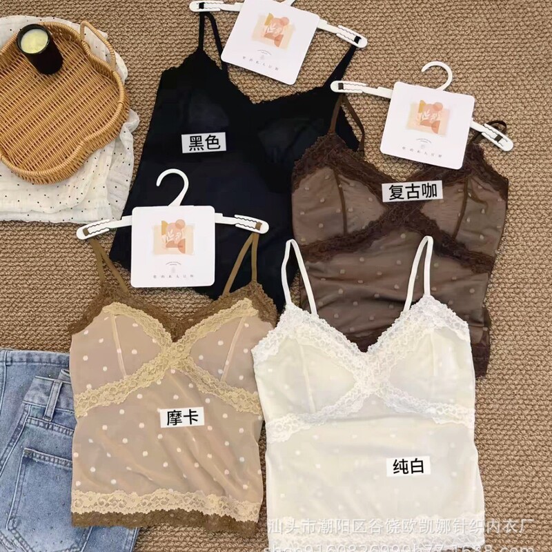 3002/M051 # Retro color-blocked polka dot mesh eyelash lace fixed cup sexy V-neck camisole 3002/M051 # Retro color-blocked polka dot mesh eyelash lace fixed cup sexy V-neck camisole