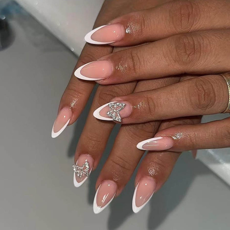 Medium Length Nail Pieces Natural Nude French Nail Paste Meat Pink Short Almond Nail Pieces Butterfly Fake Nail