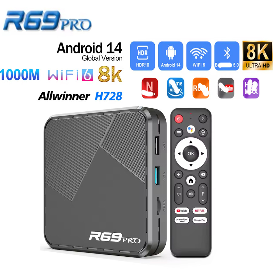R69 Pro H728 Android 14 Wifi6 Bt5.0 Android 14 1000m Player Set-Top Box