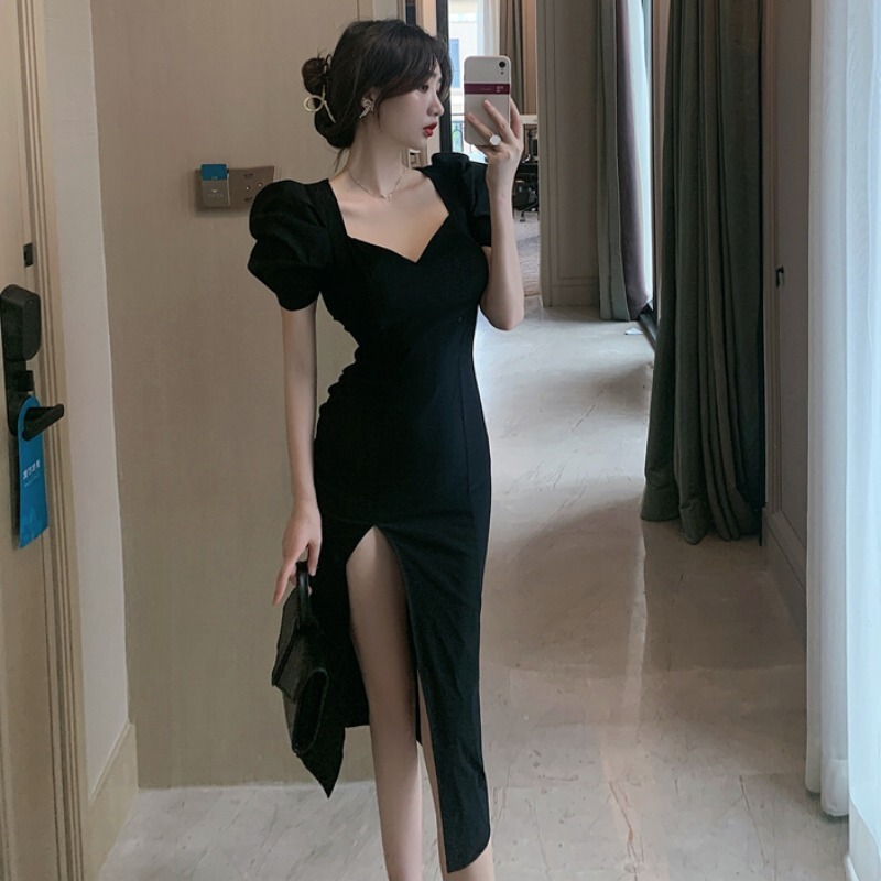Sweet Cool Dress Summer 2022 New French Puff Sleeve Slim Fit Slim Black Long Split Skirt for Women Sweet Cool Dress Summer 2022 New French Puff Sleeve Slim Fit Slim Black Long Split Skirt for Women