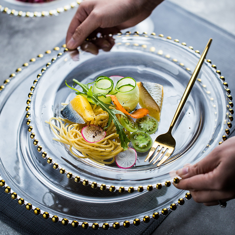 Platos de vidrio de perlas de oro, platos de comedor caseros de alto valor, platos de frutas, platos de filete, decoraciones de alto nivel, viento image 3